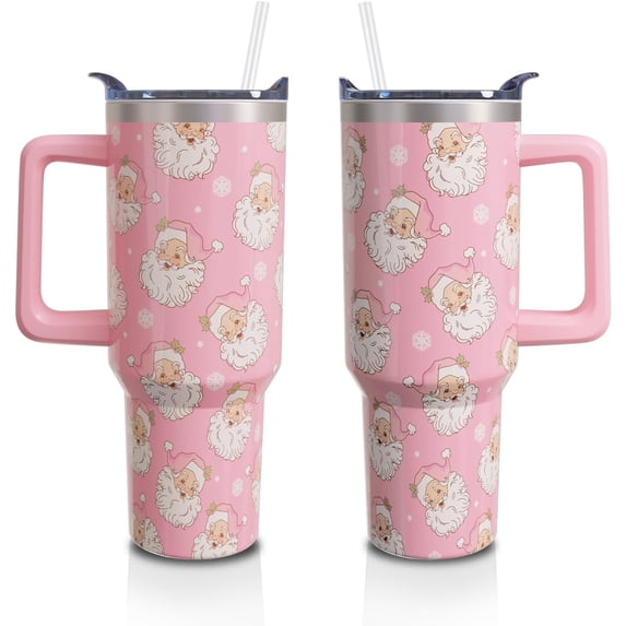 Christmas Gifts 40 Oz Tumbler with Handle and Straw, Pastel Xmas Santa Claus Stainless Steel Double Walled Vacuum Insulated Cup, Cute Holiday Gifts for Women Girls