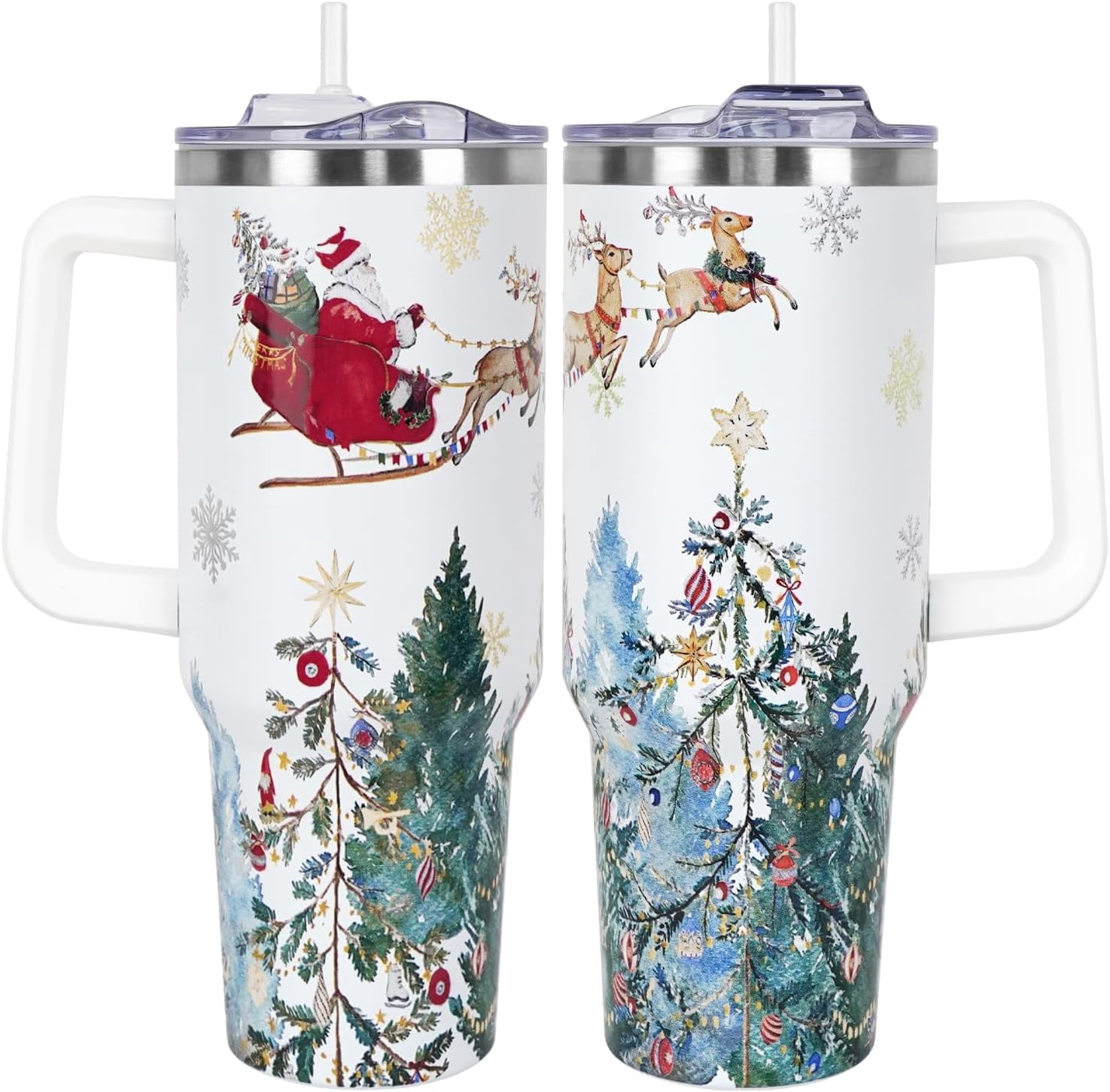 Christmas Gifts 40 oz Tumbler with Handle and Straw Lid,Cute Gifts for Women Santa Claus Sleigh Xmas Tree Vacuum Insulated Leak Proof Tumbler,Winter Holiday Accessories Stainless Steel Coffee Cup Mug