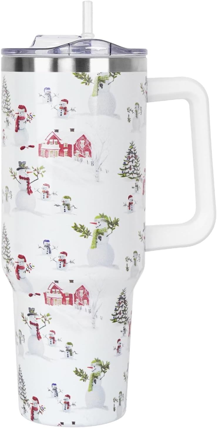 Christmas Gifts 40 oz Tumbler with Handle and Straw Lid,Cute Gifts for Women Snowman Xmas Tree Vacuum Insulated Leak Proof Tumbler,Winter Holiday Accessories Stainless Steel Coffee Cup Mug