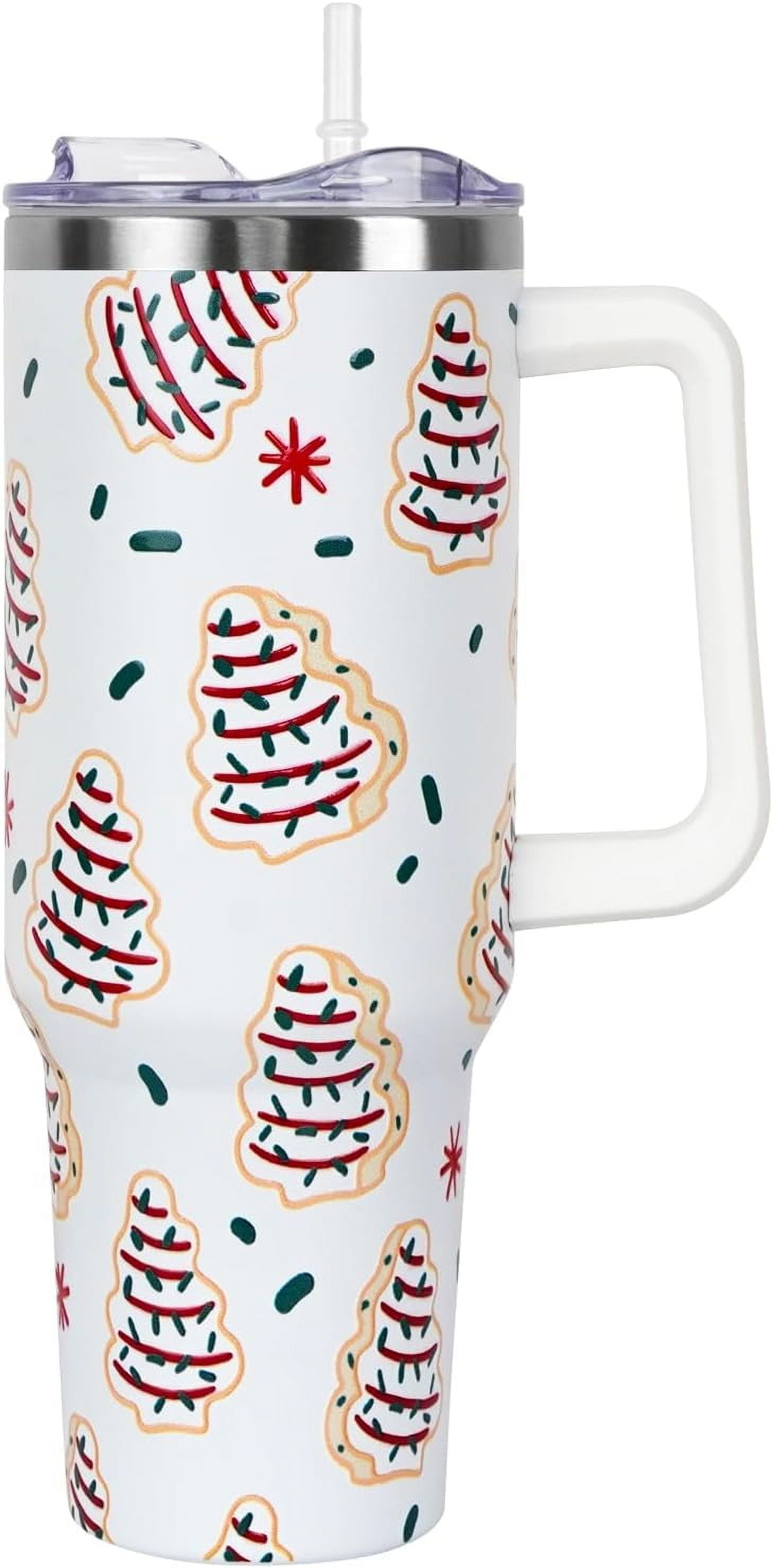 Christmas Gifts 40 oz Tumbler with Handle and Straw Lid,Cute Gifts for Women Christmas Tree Snack Cake Vacuum Insulated Leak Proof Tumbler,Winter Holiday Accessories Stainless Steel Coffee Cup Mug