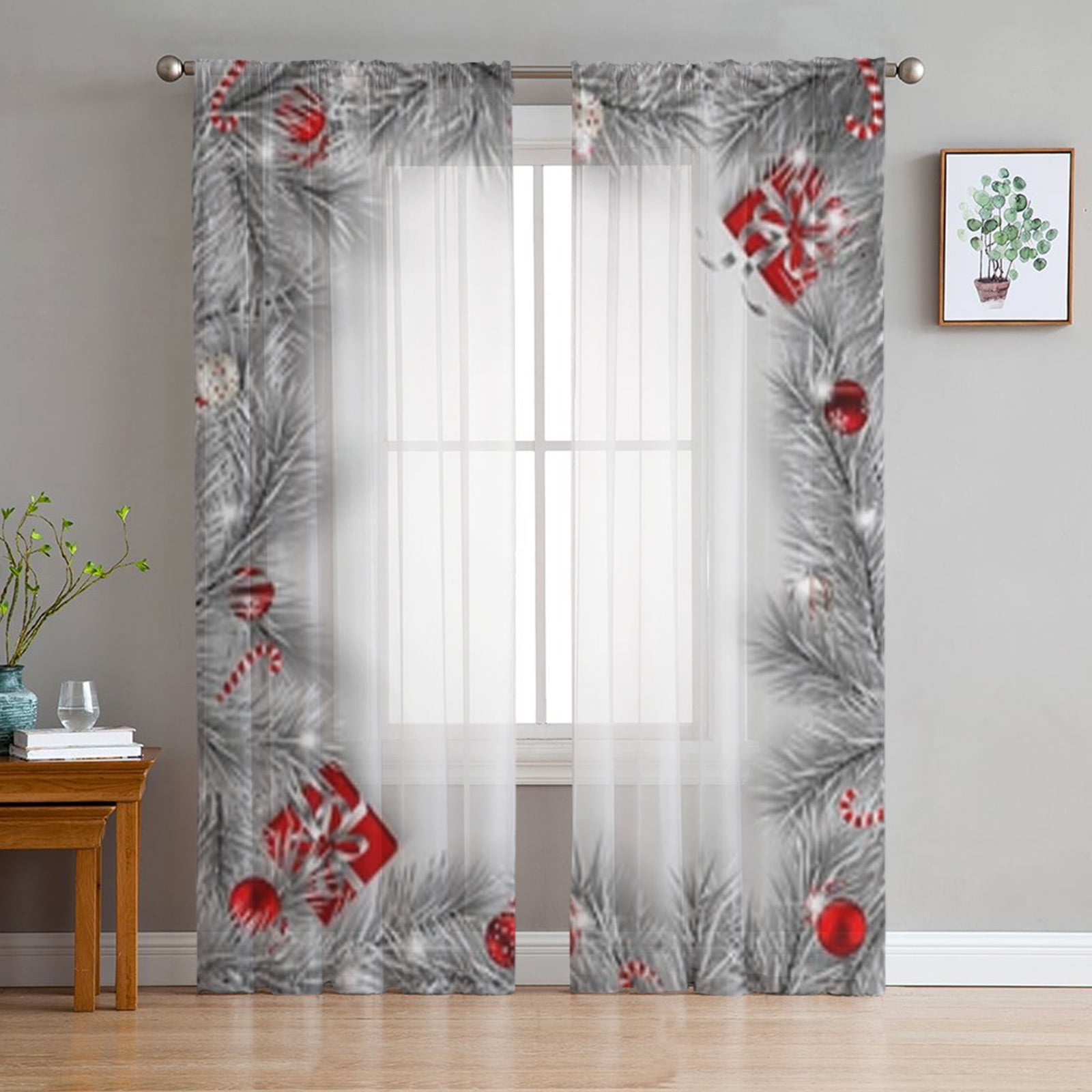 Christmas Gifts And Spruce Branches Sheer Curtains For Living Room