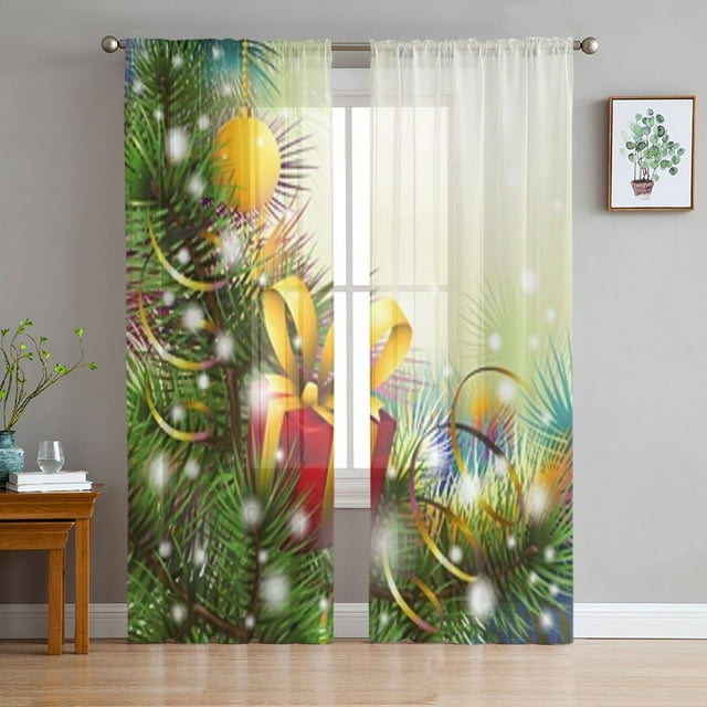 Christmas Gifts And Spruce Branches Sheer Curtains For Living Room