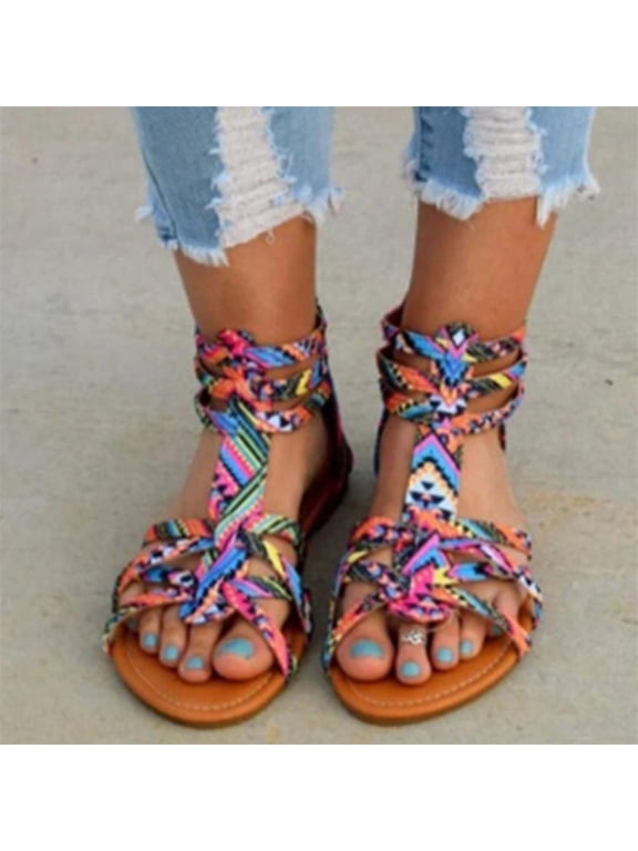 Christmas Gifts Clearance! SHENGXINY Ladies Casual Sandals Bohemian Colorful Leopard Snake Print Summer Sandals Gladiator Large 35-43 Flat Ankle Strap Sandals