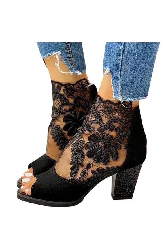 Christmas Gifts Clearance! SHENGXINY New Woman Mesh Zip Sandals Sexy Lace Zip Peep Toe Summer Female Pumps Women's Square High Heel Fashion Shoes Ladies Plus Size