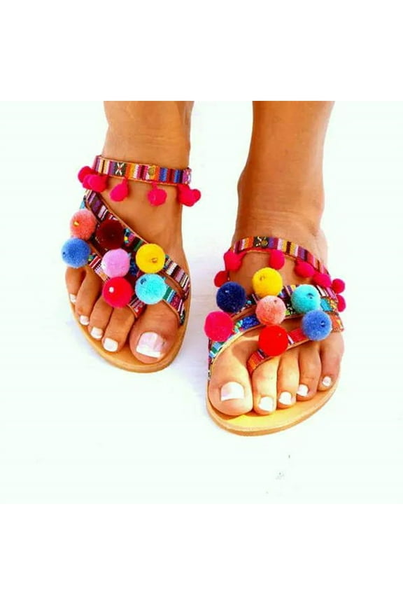 Christmas Gifts Clearance! SHENGXINY Women Summer Flats Sandals 2022 New Bohemian Flip Flops Multi-color Pom Pom Slippers Fashion Slides Casual Ladies Shoes Zapatos