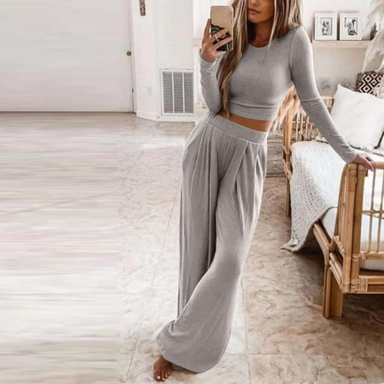 Christmas Gifts Deals 2022,Mchoice Wide Leg Pant Suits for Women Elegant 2  Piece Solid Outfits Long Sleeve Crop Top High Waist Long Pants Workout Sets