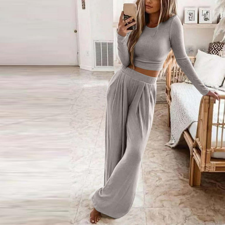 Christmas Gifts Deals for Days,Mchoice Wide Leg Pant Suits for Women Elegant  2 Piece Solid Outfits Long Sleeve Crop Top High Waist Long Pants Workout  Sets for Women,On Clearance 