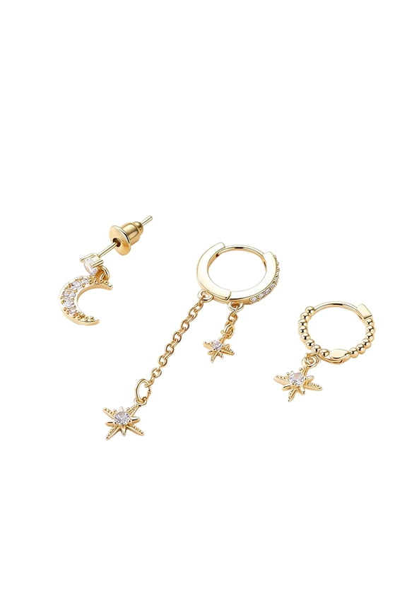 Christmas Gifts Earrings for Women - 18K Gold/Silver Plated Moon Star Hoop Stackable Cubic Zirconia Chain Dangle Earring Set Stacks for Multiple Piercings Jewelry for Sensitive Ears Non Tarnish