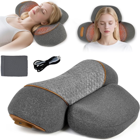 Christmas Gifts for Family, 3-in-1 Electric Neck Massager Pillow for Bed - Pillow Massage Neck Hump for Shoulder Pain, with Vibrating Heating and Traction Function