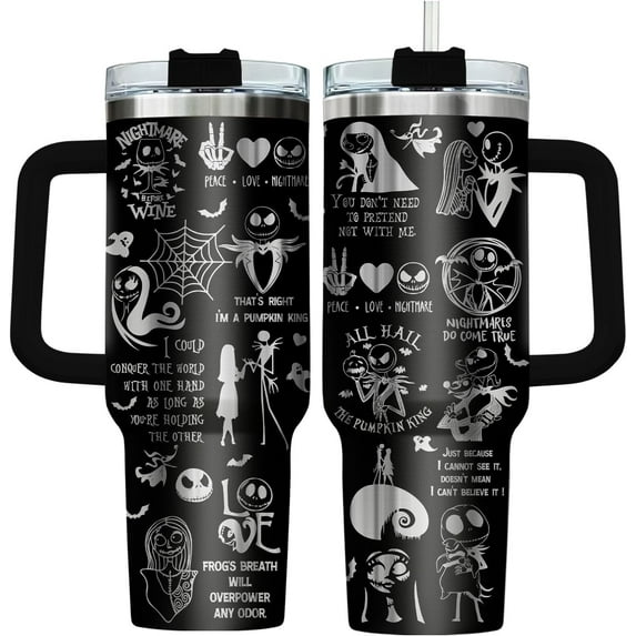 Christmas Gifts: Jack Sally 40 oz Tumbler with Handle, Nightmare Before Movie Cup, Coffee Mug - Halloween & Christmas Occasion