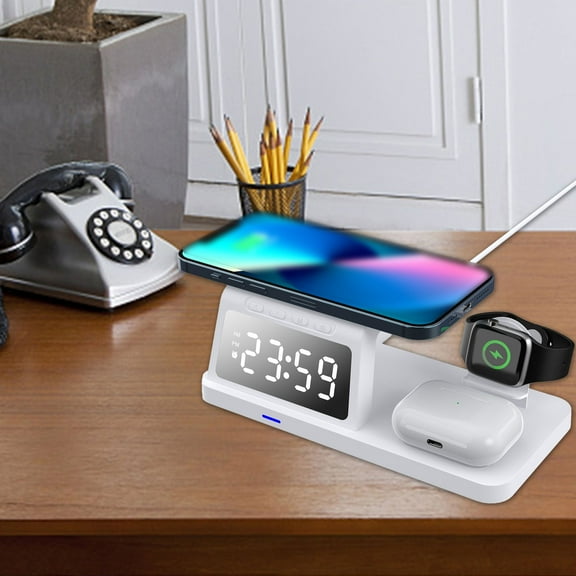 Christmas Gifts Liweisiy Wireless Charging Station With Digital Alarm Clock Charging Station For Multiple Devices 15W Wireless Charger Stand Ios & D3312 White