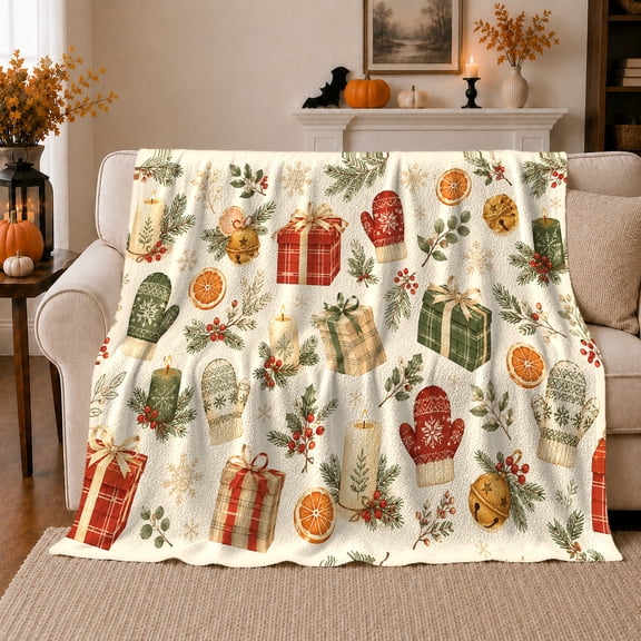 Christmas Gifts Mittens Candles And Citrus Scatter, Soft Flannel Blanket with Rustic Christmas Watercolor Print, Housewarming Gift and Home Decor for Bedroom and Living Room