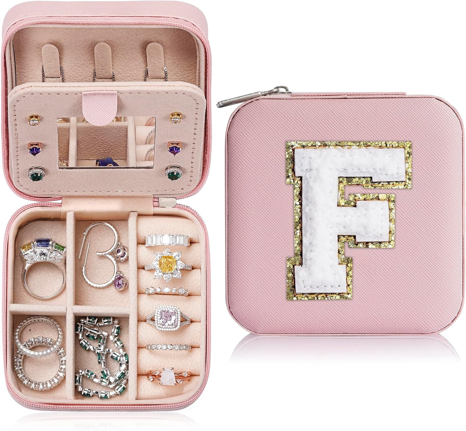 Christmas Gifts For Mom - Small Travel Jewelry Box, Travel Jewelry Case With Mirror For Necklace Earrings Rings Organizer | Birthday Gifts Christmas Travel Gifts For Mom - Letter F, Pink[Z1]