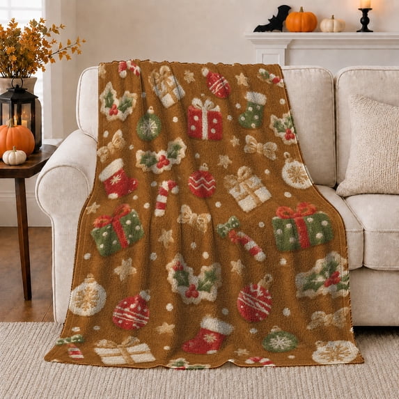 Christmas Gifts Ornaments Stockings Candy Canes Holly and Snowflakes, Classic Holiday Style for Christmas Lovers, Warm Flannel Blanket for Living Room and Family Room, Christmas Gift, Home Decor