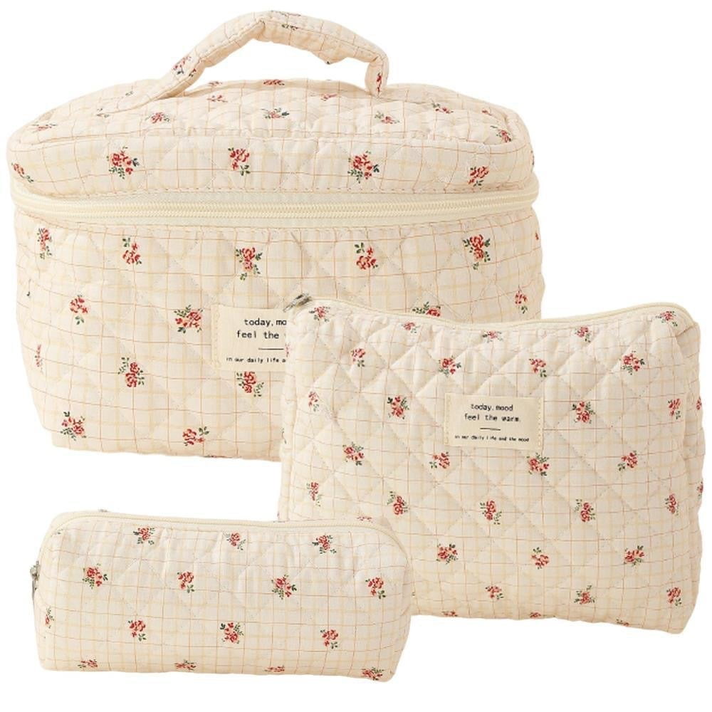 Qoosea Makeup Bag Quilted Makeup Bag Set Cosmetic Bag Gifts for Women Girls Cute Cotton Bow Pattern Travel Toiletry Organizer Bag 3 Set
