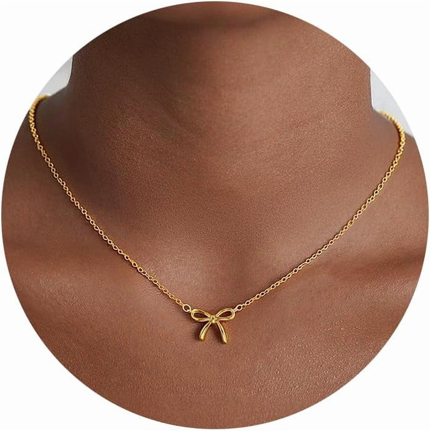 Christmas Gifts Stocking Stuffers Bow Gold Necklace for Women Non Tarnish Dainty 14k Gold Plated Pendant Necklaces Trendy Cute Charm Bow Necklace Gold Jewelry for Women Birthday Gift