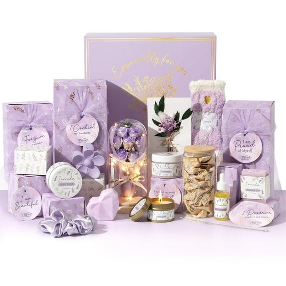 Christmas Gifts for Tween & Teen Girls, 10 PCS Birthday Gifts Basket Trendy Stuff with Empowering Tasks, Self Care Relaxing Spa Beauty Advent Calendar Wrapped Gifts Box, Purple