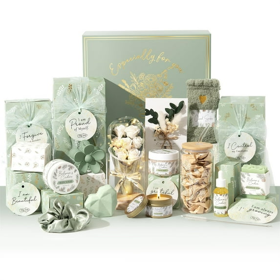 Christmas Gifts for Tween & Teen Girls, 10 PCS Birthday Gifts Basket Trendy Stuff with Empowering Tasks, Self Care Relaxing Spa Beauty Advent Calendar Wrapped Gifts Box, Green