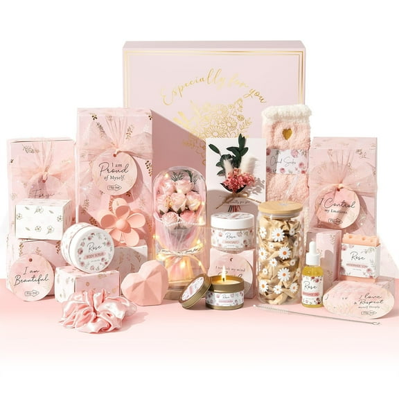 Christmas Gifts for Tween & Teen Girls, 10 PCS Birthday Gifts Basket Trendy Stuff with Empowering Tasks, Self Care Relaxing Spa Beauty Advent Calendar Wrapped Gifts Box, Pink