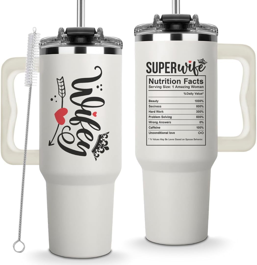 Christmas Gifts For Wife From Husband - Wife Tumbler 40Oz, Wife Gift on Birthday, Anniversary, Valentines, Present Idea for Wifey, Cool Wedding Coffee Cup with Straw and Handle, Drinking Mug for Women