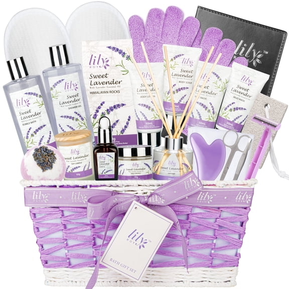 Christmas Gifts for Women - 22-Piece Luxury Lavender Bath and Body Gift Basket Set for Women, Spa Gift Baskets Set with Bath Bomb | Self Care Mothers Day Birthday Gift Sets for Her, Bridal Shower