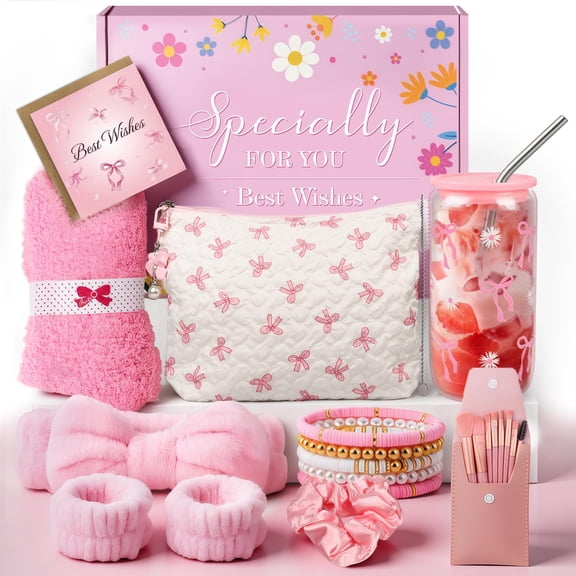 Christmas Gifts for Women, Birthday Gifts for Women, Gifts for Women, Mom, Wife, Girlfriend, Sister, Friends, Her, Relaxing Spa Gifts Basket Self Care Gifts, Gift Set Idea for Her-Pink Gift Basket