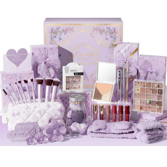 Gifts Basket for Women & Teen Girls, 10 Positive Affirmation Cards & Empowering Challenges to Unlock 10 Wrapped Makeup Gift Set Motivational Birthday Gifts, Purple
