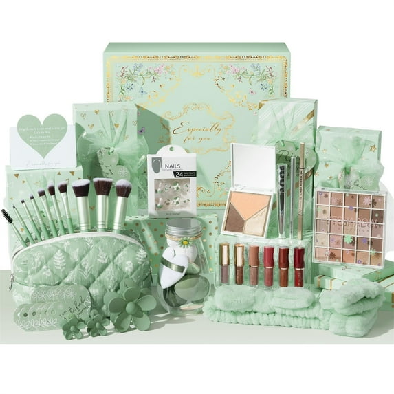 Christmas Gifts for Women & Teen Girls, 10 PCS Birthday Gift Basket Teen Girls Trendy Stuff with Empowering Tasks Make up Brushes & Bag, Makeup Advent Calendar Wrapped Gifts Box, Green