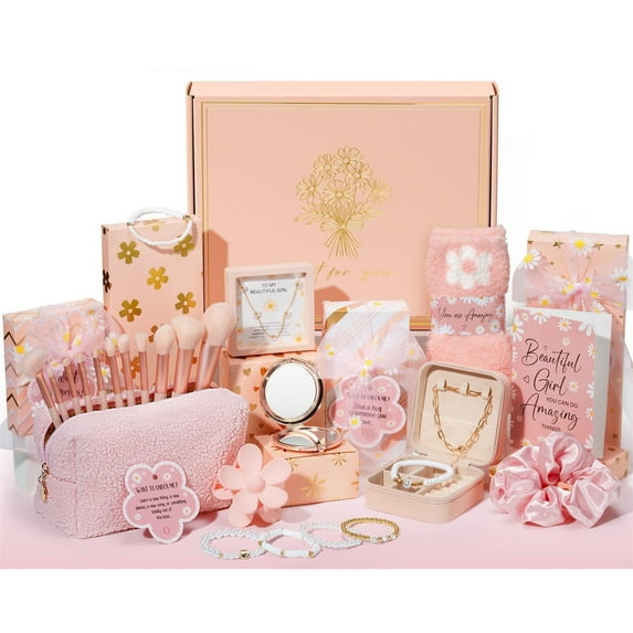 Christmas Gifts for Women & Teens - 8 PCS Birthday Gifts Basket Trendy Stuff w/ Fun Task Tags Make up Brushes & Bag, Advent Calendar Wrapped Gifts Box for Daughter Niece, Pink