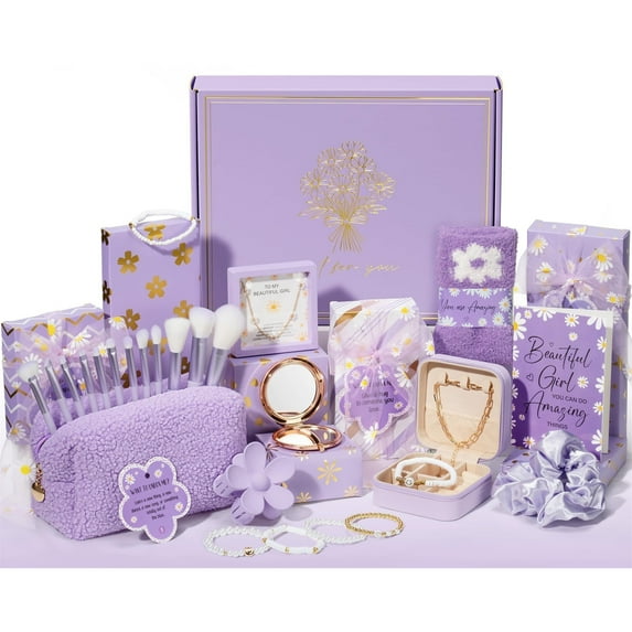 Christmas Gifts for Women & Teens - 8 PCS Birthday Gifts Basket Trendy Stuff w/ Fun Task Tags Make up Brushes & Bag, Advent Calendar Wrapped Gifts Box for Daughter Niece, Purple