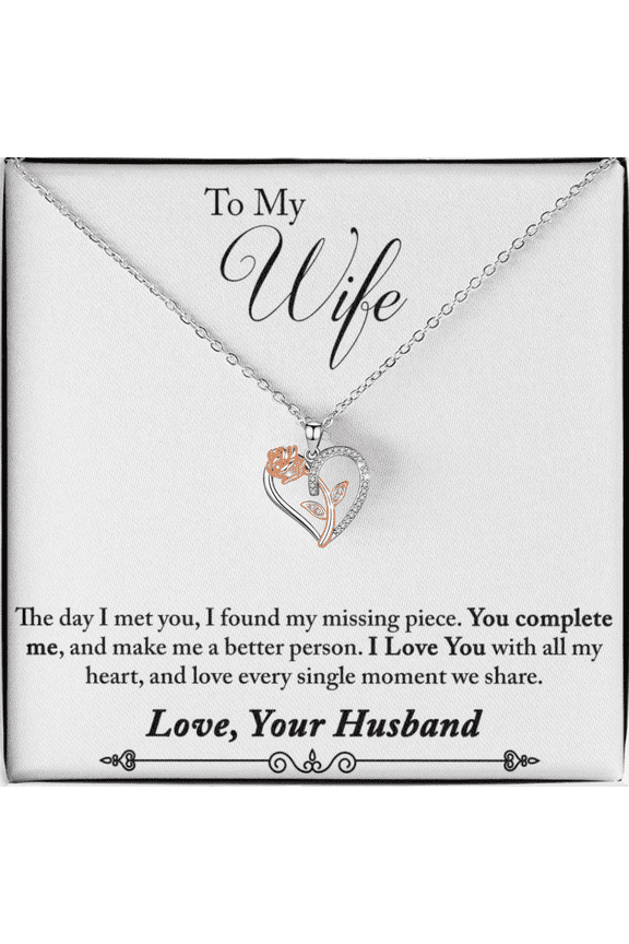 To My Wife Necklace from Husband with Heartfelt Message card Rose Heart Sterling Silver Necklace Gift for Wife Anniversary,Birthday,Special Occassion