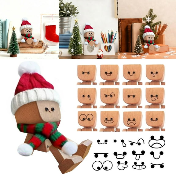 Christmas Gifts For kids, Wooden Man Figurine With Hat and Scarf, Handmade Feet Wood-en Car Dashboard Decorations with 12 PCS Expressions, Funny Wood Desktop Decor(A)