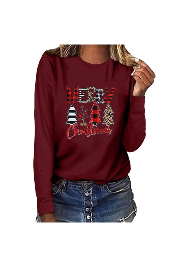 Christmas GiftsGATXVG Women's Merry Christmas Shirts Funny Leopard Plaid Tree Graphic Cute Long Sleeve Crewneck Tees Tops