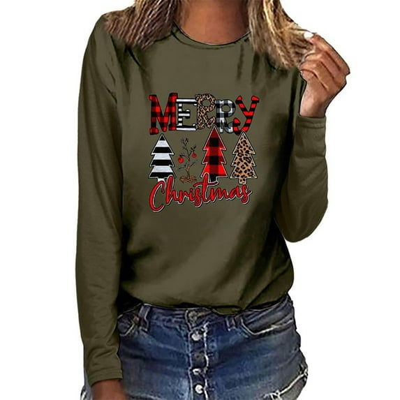 Christmas GiftsGATXVG Women's Merry Christmas Shirts Funny Leopard Plaid Tree Graphic Cute Long Sleeve Crewneck Tees Tops