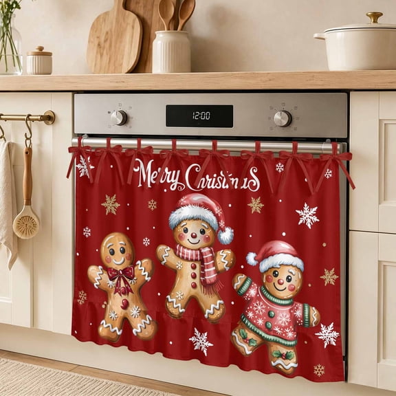 Christmas Ginger Bread Man on Red Oven Skirt Curtain Farmhouse Kitchen Decor 27x20in, Xmas Snowflakes Cabinet Curtain with 8 Tie Top,Waterproof Oil-Proof Dishwasher Stove Door Cover