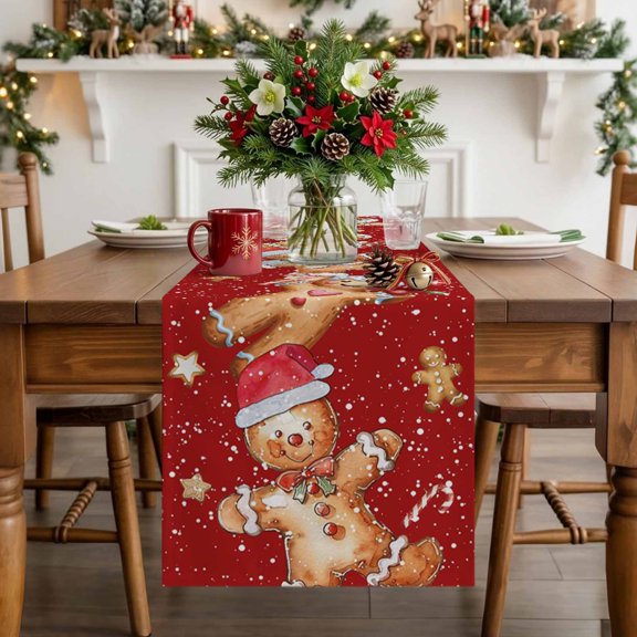 Christmas Ginger Cookies Table Runner 36 Inches Long, Non-Slip Kitchen Table Runners for Dining Room Everyday Use Party Table Decorations Winter Snowflake Red