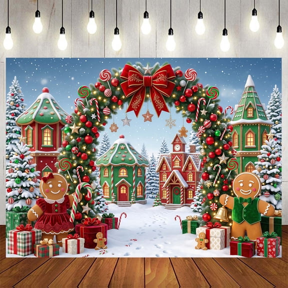 Christmas Gingerbread Arch Backdrop Candy Cane Photo Booth Decor Vinyl Banner Winter Scene Party Prop Kids Portrait Cake Table Studio Photography Snow Background 7X5ft