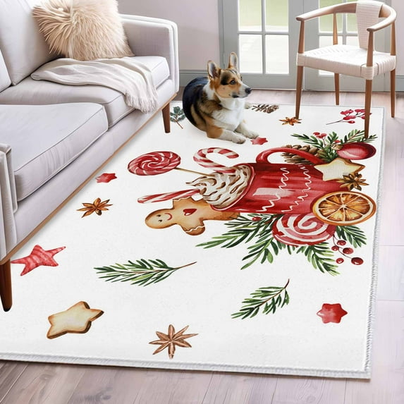 Christmas Gingerbread Area Rug 3x5 Washable Rug Non Slip Winter Xmas Balls Candy Pine Leaf Large Area Rug Indoor Floor Carpet for Entryway Bedroom Kitchen Living Room Home Office Dining Room Nursery