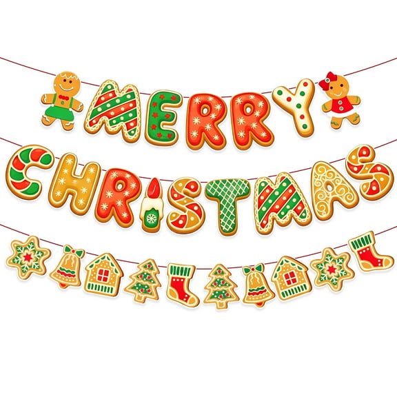 Christmas Gingerbread Banner - 3D Glitter Merry Christmas Garland with Cookie Shapes for Holiday Party Decor