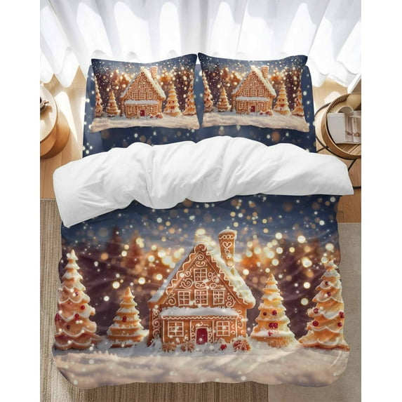 Christmas Gingerbread Bedding Duvet Cover Set Twin Size 4 Pieces Xmas Tree House Forest Winter Snow Bedding Set with Zipper Closure, 1 Comforter Cover 68x86 Inches 1 Flat Sheet & 2 Pillow Cases