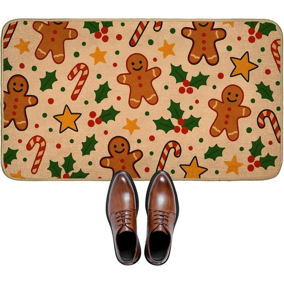 Christmas Gingerbread & Candy Canes Welcome Door Mat for Outdoor Indoor Porch, 29.5"×17" Cute Festive Linen Doormat Floor Mat, Non-Slip Rug for Front Door, Bathroom, Kitchen, Home Decor, Gifts