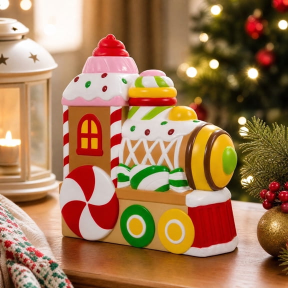 Christmas Gingerbread Candy Train Statue, Colorful Peppermint & Cupcake Gingerbread House Train Figurine, Indoor Outdoor Holiday Decor for Home, Yard, Mantel, Christmas Party