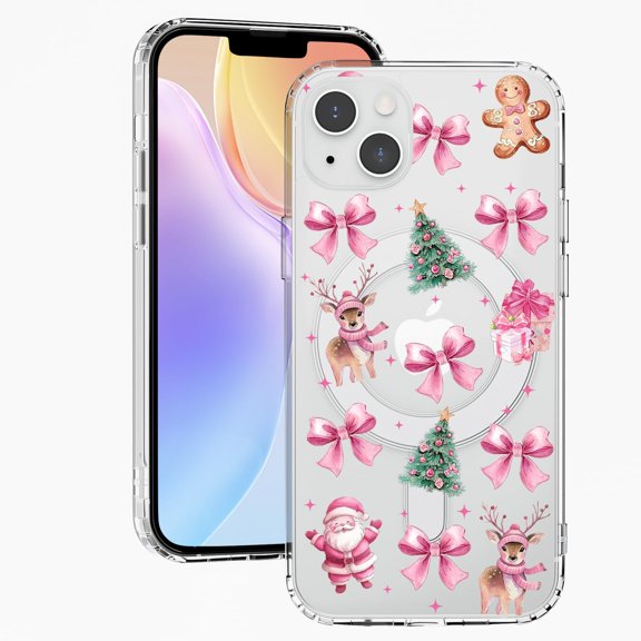 Christmas Gingerbread Case for iPhone 14 Fashion Girl Bow Clear Phone Cover Compatible with Mag Safe WirelessXmas Tree Santa Claus Shell Slim Protect Anti-Slip Women Girl