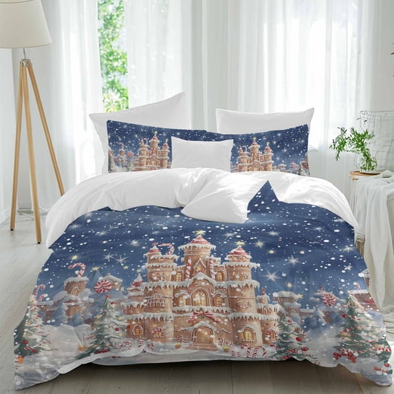 Christmas Gingerbread Castle Comforter Set Twin Size, Candy Xmas Pine Tree Light Ball Fantasy Soft Bedding Set for Man Woman, 4 Pieces Duvet Cover Set with Fitted Sheet, 2 Pillowcases