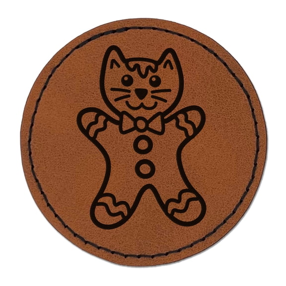Christmas Gingerbread Cat 2.5" Faux Leather Round Engraved Iron-On Patch - Brown