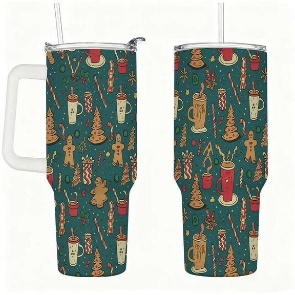 Christmas Gingerbread Coffee Tumbler with Lid and Straw, Holiday Hot Cocoa Pattern, Insulated Travel Cup