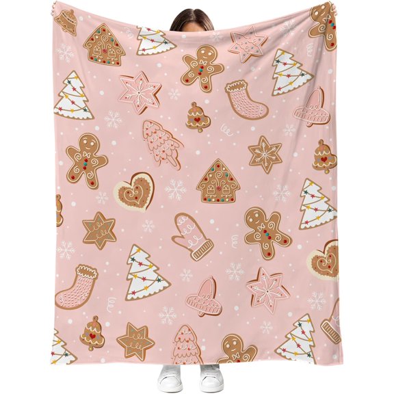 Christmas Gingerbread Cookies Blanket Pink Holiday Tree Star Snowflake Flannel Soft Cozy Decorative Blanket for Couch Bed Chair Winter Xmas Gift 50x60