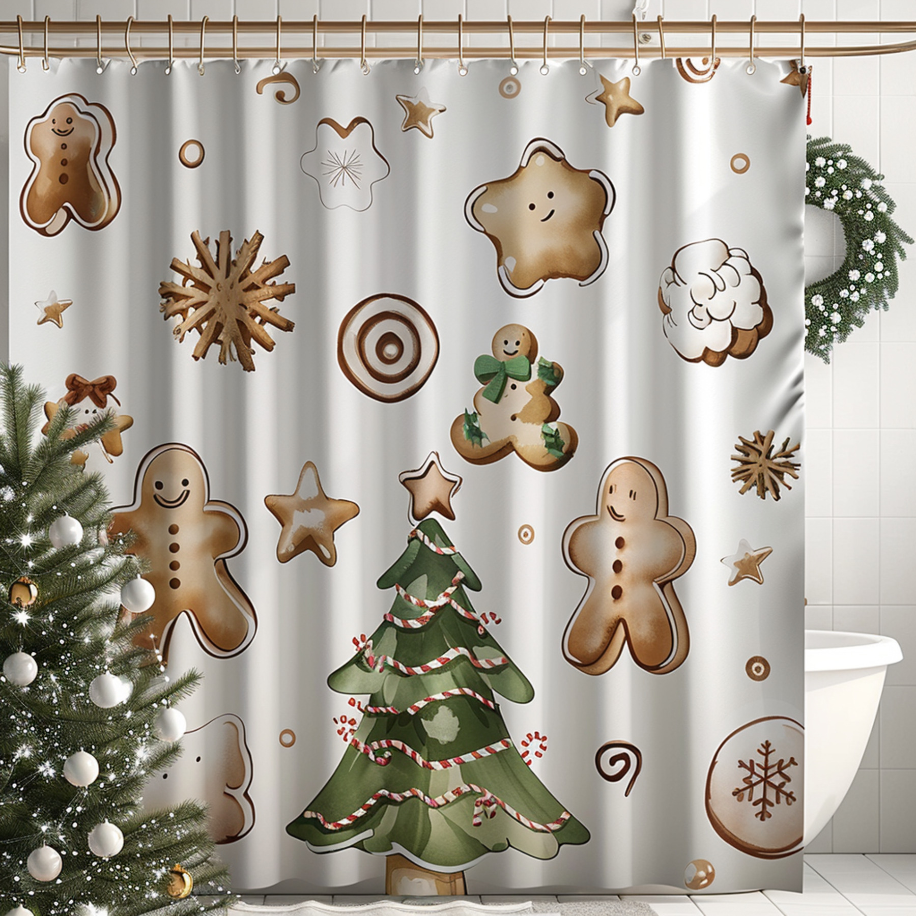 Christmas Gingerbread Cookies Shower Curtain Cozy Winter Home Decor