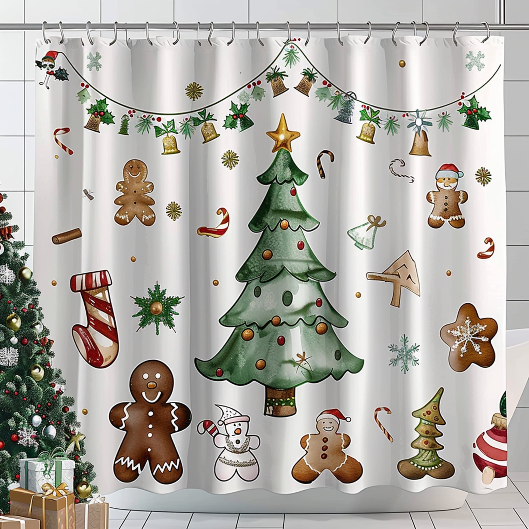 Christmas Gingerbread Cookies & Tree Shower Curtain Watercolor Style