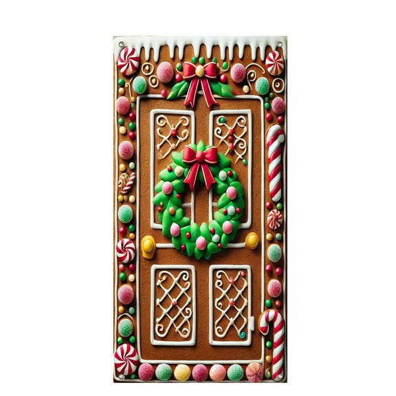 Christmas Gingerbread Door Cover 71x35 Inch Holiday Front Porch Door Banners Decoration Candy Cane Wreath Peppermint Cookie House Hanging Banner for Indoor Outdoor Winter Party Decor
